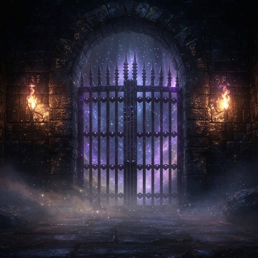 A locked iron gate glowing with starlight, set into a torch-lit stone archway